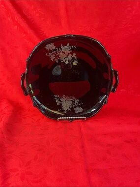 My. Pleasant Black Amethyst Decorative  Silver Floral Glass Cake Stand/Bowl Tray